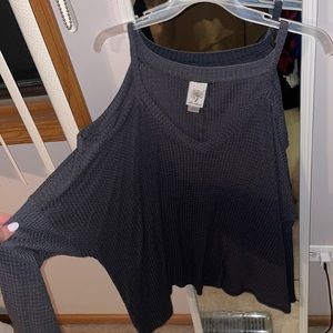 Cold shoulder waffle sweater